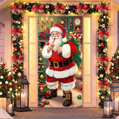 Christmas Humorous Santa Claus And Elk Door Banner Party Decorations Indoor Outdoor Veranda Door Cover Supplies Festive Gifts