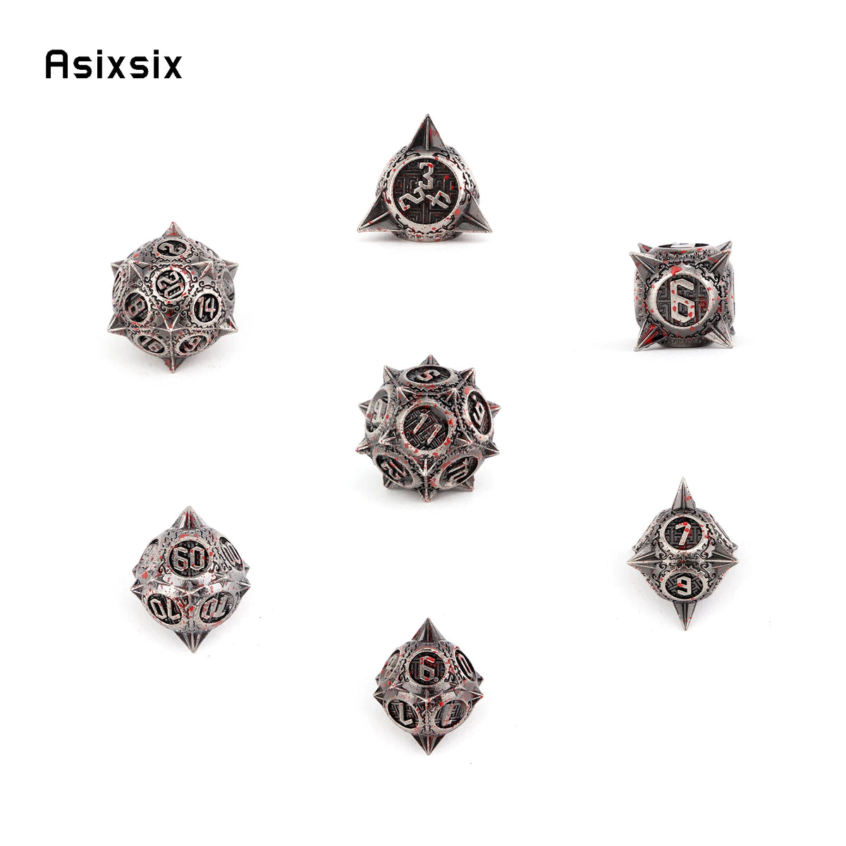 7 Pcs Silver Red Meteor Hammer Metal Dice Solid Metal Polyhedral Dice Set Suitable for Role-Playing RPG  Board Game Card Game