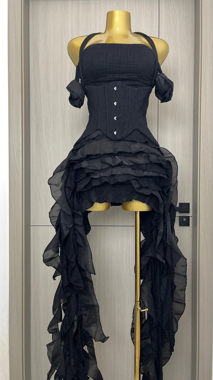 Women Skirt Suit Draped Dress Three Piece Sets Sexy Halter Ruffled Dress Lace-up Corset Top Shorts Party Cocktail Dress Vestidos