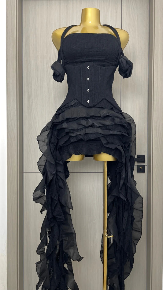 Women Skirt Suit Draped Dress Three Piece Sets Sexy Halter Ruffled Dress Lace-up Corset Top Shorts Party Cocktail Dress Vestidos