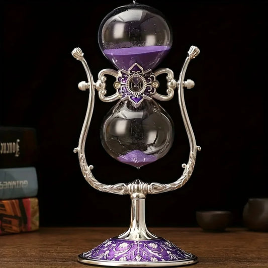 Elegant Vintage Glass U-Shaped Hourglass Non-Electric Battery-Free Timer with Metal Stand for Office Study Desk Decor