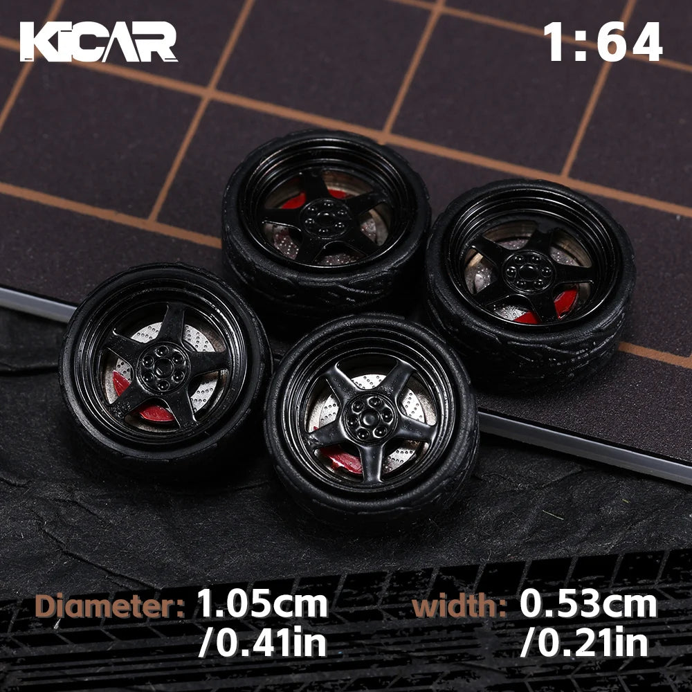 Kicarmod 1/64 10.5mm Alloy Model Wheels with Magnetic Hub Caps-with Rubber Tires for Tomica Custom Diecast Cars
