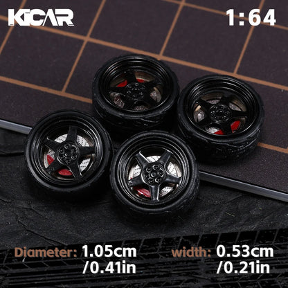 Kicarmod 1/64 10.5mm Alloy Model Wheels with Magnetic Hub Caps-with Rubber Tires for Tomica Custom Diecast Cars