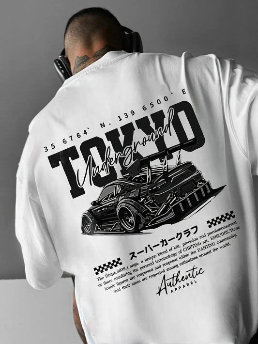 Men's short-sleeved t-shirt, printed with racing cars English graphics loose fit fashionable casual round neck top spring summer