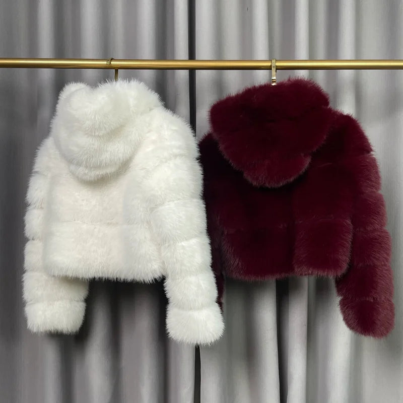Winter Warm Ladies Fake Fox Fur Jacket Short Fashion Hooded Artificial Fox Fur Coat High Quality Women's Cropped Fur Coat Black
