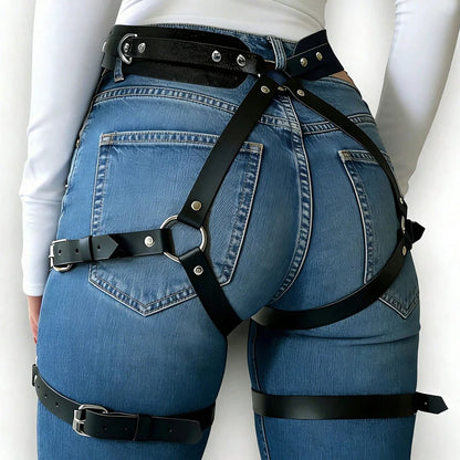 Women's Adjustable PU Leather Garter Belt, Sexy Gothic Punk Thigh Harness Strap, Gothic Lingerie Accessory for Rave Costume