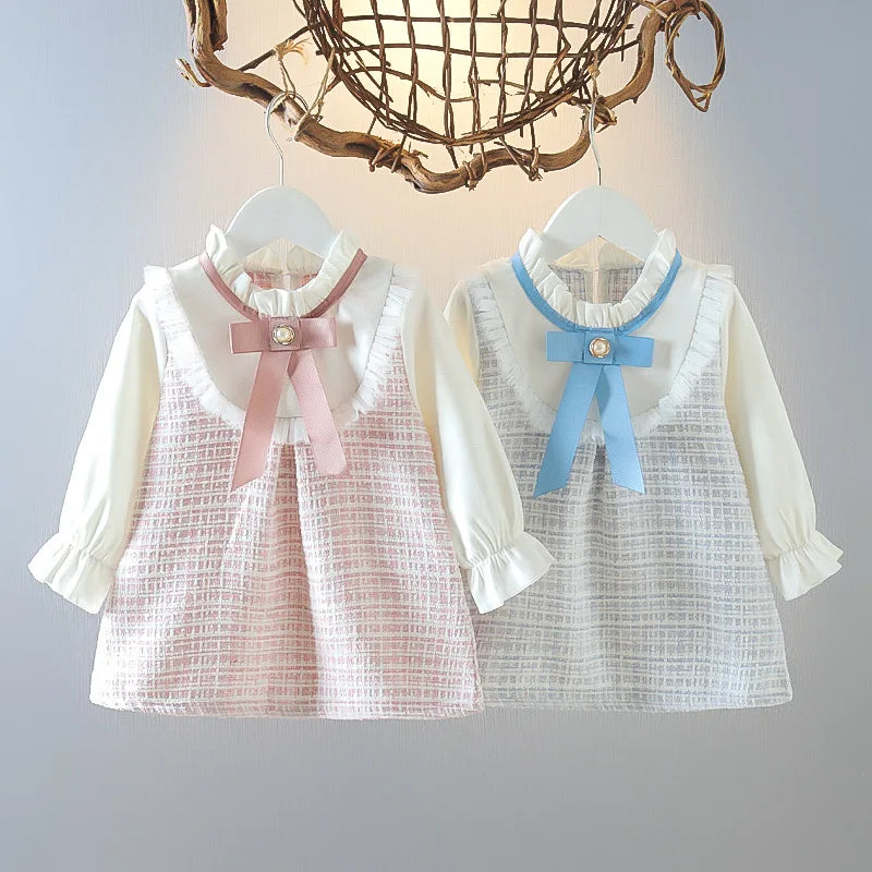 Spring and Autumn New Baby Girl Long Sleeve Dress Fake Two Small Checkered Children's Clothes (0-3 Years Old)
