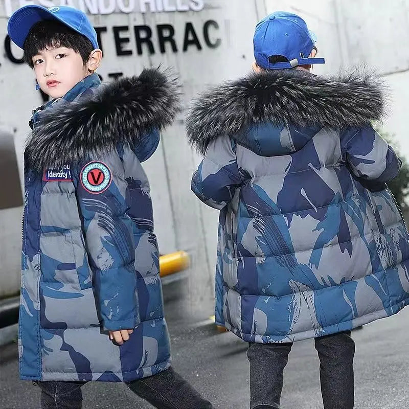 Winter Kids Thickened Long Coats Boys Camouflage Padded Hooded Cotton Jackets Plus Velvet Warm Outerwear Children Clothing