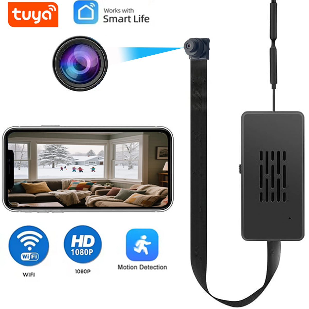 Tuya HD Mini DIY Camera Wide Angle Supports Remote Viewing, Motion Detection, Wireless Security Camera Supports Automatic Alarm