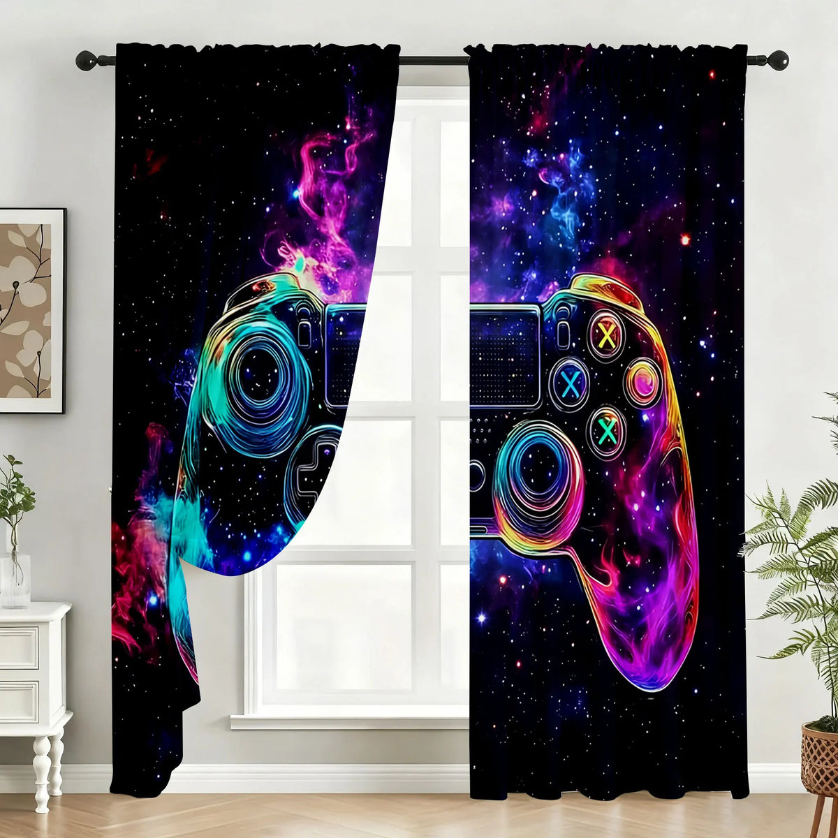 2PC Neon "Game Night" Curtains - Vibrant Gaming Print Window Drapes for Boys Bedroom Game Room Decor