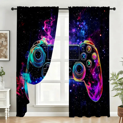 2PC Neon "Game Night" Curtains - Vibrant Gaming Print Window Drapes for Boys Bedroom Game Room Decor