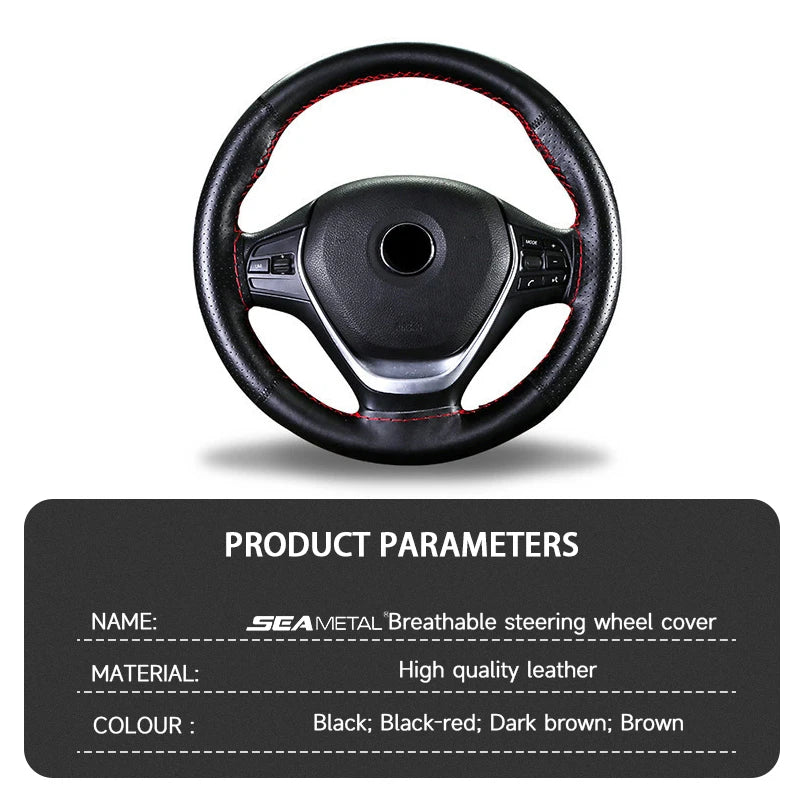 SEAMETAL 100% Genuine Leather Steering Wheel Cover Breathable Wear-Resistant Braid Car Steer Wheel Cover Universal for 37-39cm