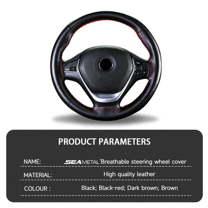 SEAMETAL 100% Genuine Leather Steering Wheel Cover Breathable Wear-Resistant Braid Car Steer Wheel Cover Universal for 37-39cm
