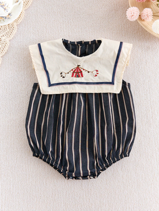 Summer Baby Girl's Large Lapel Sleeveless Triangular Jumpsuit with Striped Body and Navy Collar