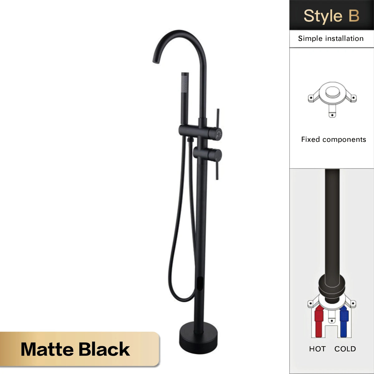 AITANA Luxury Black Brass Bathroom Faucet. Floor Standing Design with Simple 2 Handle Hot and Cold Bathtub and Dual-Mode Faucet