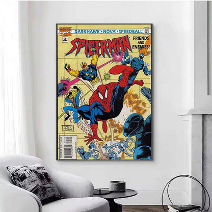 Superhero Iron Man Spider‑Man Vintage Comic Collage Canvas Wall Art Print Poster Unframed Canvas Painting Home Living Room Bed