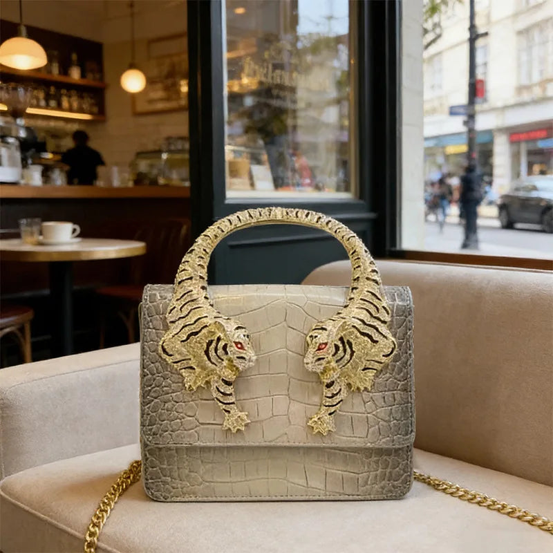 2026 New Luxury Designer Handbag for Women Crocodile Effect Leather Tiger-sculpted Top Handle Fashion Evening Shoulder Bag