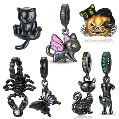 Black Series 925 Sterling Silver Mystical Luck Black Cat Magic Protection Charm Fit DIY Bracelet Necklace Niche Gothic Gifts