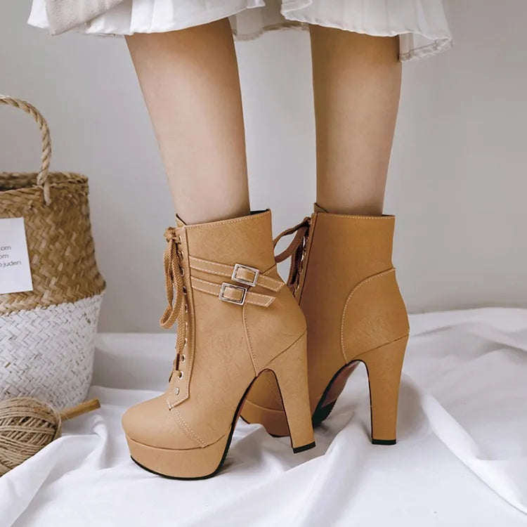 Winter Women Platform Ankle Boots 12cm Super High Chunky Heels Black Plush Rivet Lace Up Motorcycle Lady Studded Punk Short Boot