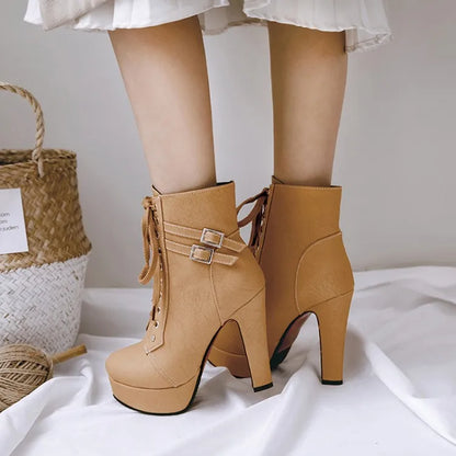 Winter Women Platform Ankle Boots 12cm Super High Chunky Heels Black Plush Rivet Lace Up Motorcycle Lady Studded Punk Short Boot