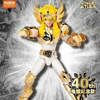 BLOKEES Saint Seiya 40TH Gold Saint EX Cygnus Hyoga Pegasus Seiya Buildable Statue Spare Hands Golden Paint Collectible Toy Gift