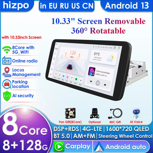 Hizpo 10.33'' 360° Rotatable 1 Din AutoRadio GPS for Universal Car Multimedia Player Stereo 1DIN Video Carplay 4G WIFI Head Unit