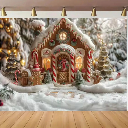 Gingerbread House Christmas Hanging Cloth: Sweet Ginger Man & Christmas Fairy Tale with Dreamy Snow Scenery Background cloth