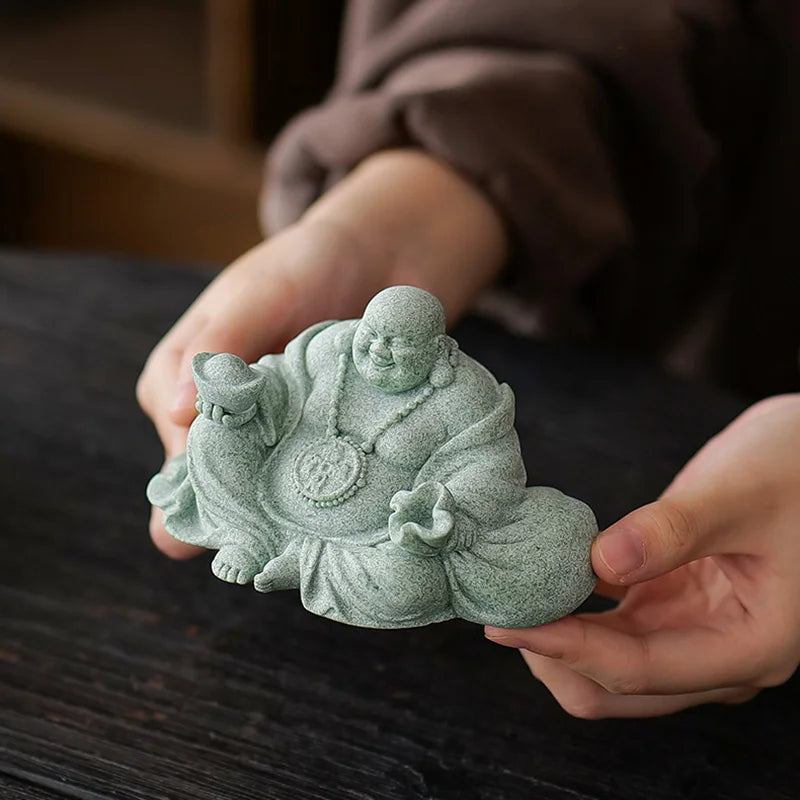 Green Sandstone Laughing Buddha Statue Chinese Buddhist Figures Zen Buddha Home Room Office Wealth Luck Feng Shui Decor