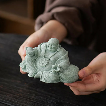 Green Sandstone Laughing Buddha Statue Chinese Buddhist Figures Zen Buddha Home Room Office Wealth Luck Feng Shui Decor