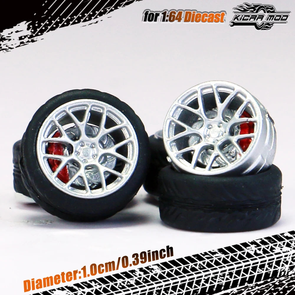 Kicarmod 1/64 Model Car ABS Wheels with Rubber Tire Brake Disc Refitting Parts Diameter 10mm For Model Car Tomica