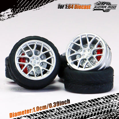 Kicarmod 1/64 Model Car ABS Wheels with Rubber Tire Brake Disc Refitting Parts Diameter 10mm For Model Car Tomica
