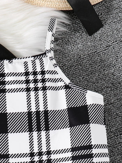 Spring and Autumn Girl Cute Fashion Outdoor Casual 2-Piece Round Neck Long Sleeve Top + Sleeveless Plaid Dress Set