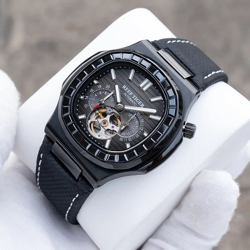 OBLVLO Men Automatic Watch Luxury 44mm Mechanical Wristwatch 50m Waterproof Sapphire Luminous Skeleton Dial 24 Hours