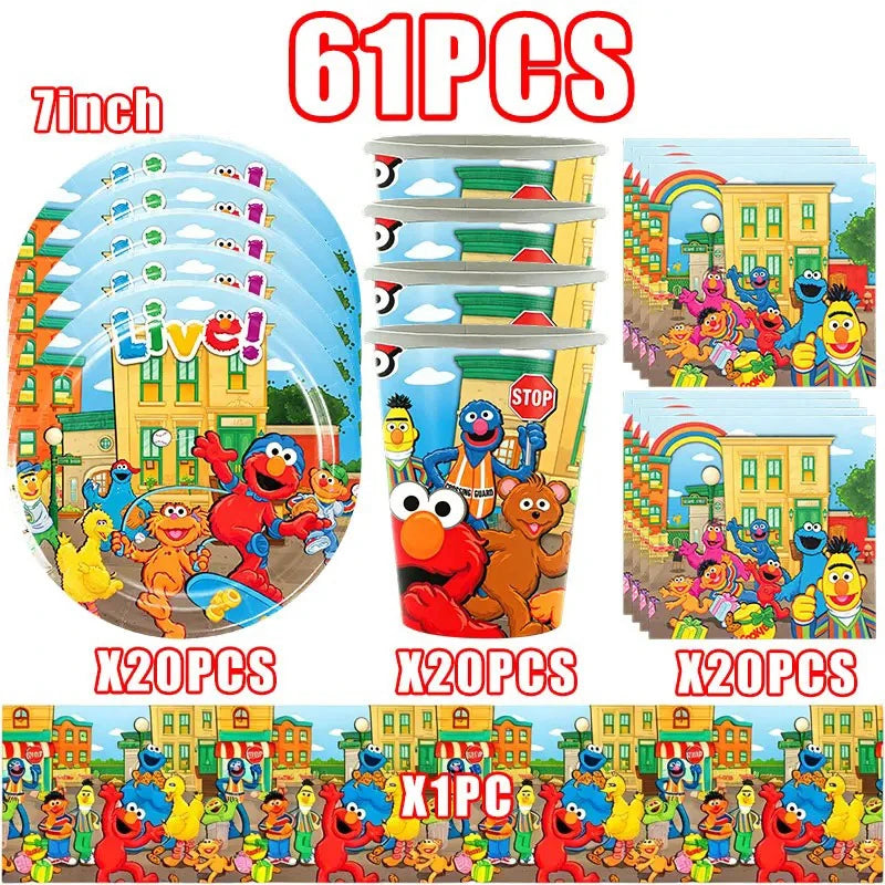 Birthday Party Decoration Set Supplies Cartoon Sesame Streets Birthday Party Supplies Tableware Balloon Cake Topper Banner Plate