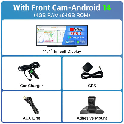 Imagebon 11.4" Android 14 Dashcam 8 Core In-Cell Screen with Wireless CarPlay & Android Auto Youtube Netflix Google Play Car DVR