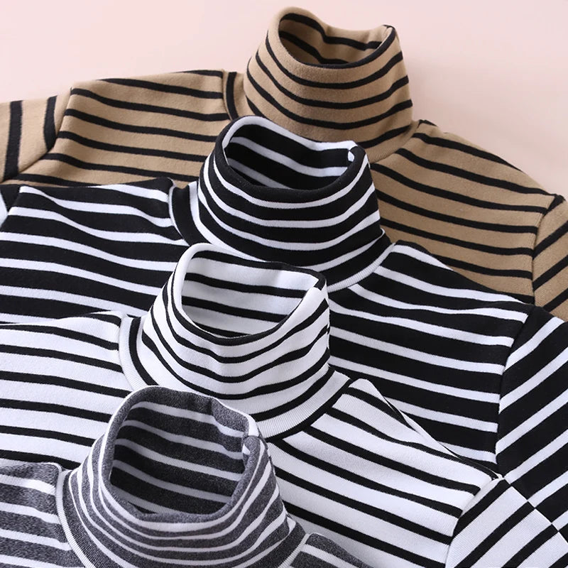 Autumn And Winter Children's Fashion Striped High Neck Long Sleeved Base Shirt Boys' Casual Sports Top Girls' Versatile Warm T