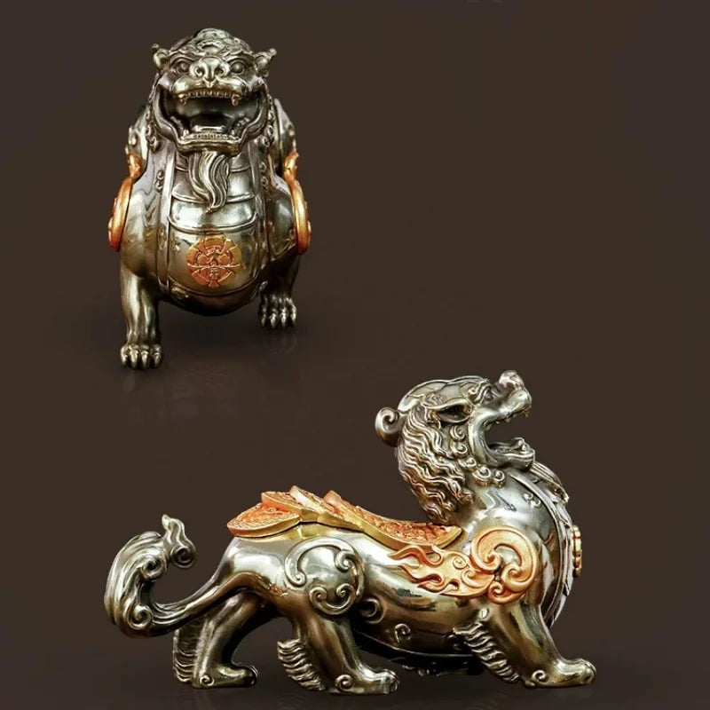 Pixiu Statue Chinese Feng Shui Pi Yao Figurine Silver Metal Sculpture Wealth Lucky Desktop Ornament Home Office Table Decor Gift