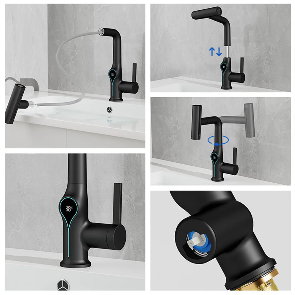 Multi Functional Waterfall Basin Faucet 4 Mode Mixer Tap Pull Out Nozzle Bathroom & kitchen Faucet Smart LED Display Sink Faucet
