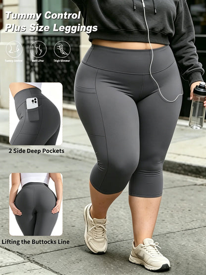 Capri Plus Size Leggings for Women with Pockets-Stretchy  Tummy Control High Waist Workout Black Yoga Pants