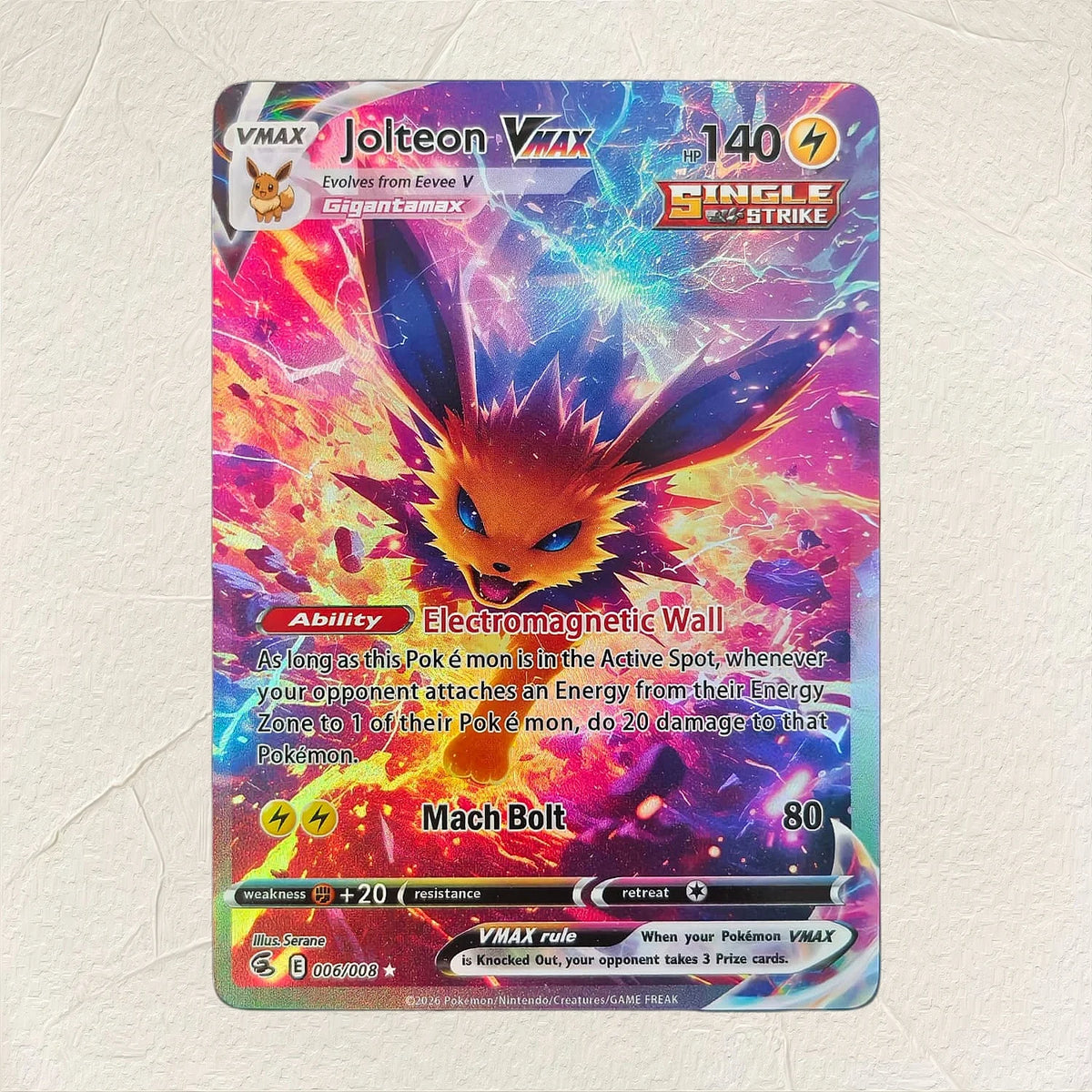 English Jolteon VMAX 006/008 DIY Holographic Foil Texture Card, Perfect Condition Premium Anime Collection Card
