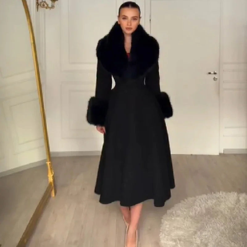 New Elegant Detachable Faux Fur Collar Overcoat Lady Cinched Waist V-neck A-line Dress Flared Coat Winter Formal Party Outerwear