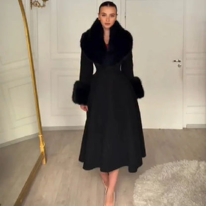 New Elegant Detachable Faux Fur Collar Overcoat Lady Cinched Waist V-neck A-line Dress Flared Coat Winter Formal Party Outerwear