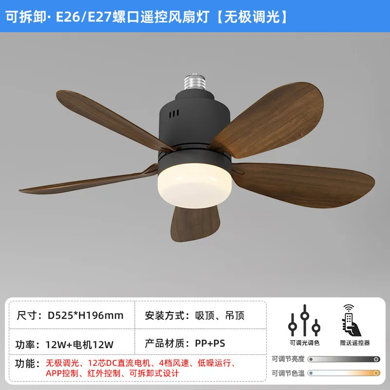 E26/E27 Socket LED Fan Light with Remote & APP 52.5cm 4 Speed Socket Ceiling Fans with Lighting Light Bulb Fan for Bedroom Home