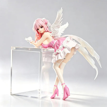 Anime Pink Hair Angel Girl Slump Pose Figure Pink Dress Wing Pvc Statue Desktop Computer Case Ornament Instant Noodle Press Toy