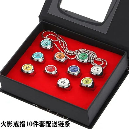 10pcs Naruto Akatsuki Sasuke Metal Rings Set Metal Necklaces Pendants Cosplay Action Figure Accessories Gift Kids Toys