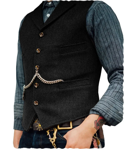 Wool Tweed Men's Suits Vest for Groomsmen Wedding Lapel Casual Slim Business Vests Sleeveless Waistcoat Male Gilet Homme Vests