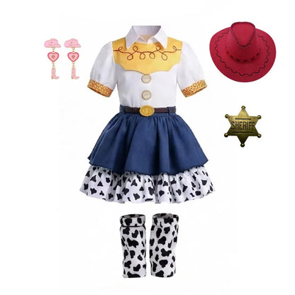 2026 Cool Girl Western Cowgirl Suit Double Layer Cow Print Skirt With Leg Warmers Kid Toy Party Movie Costume Fancy Jessie Dress