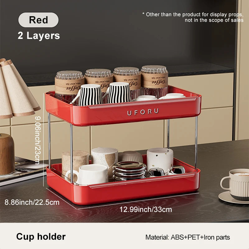 UFORU Kitchen and Multi-Function Drain Cup Rack in Ancient Home Tea Cup Storage Rack with Double Layer Large Capacity Organizer