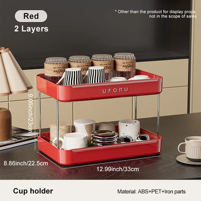 UFORU Kitchen and Multi-Function Drain Cup Rack in Ancient Home Tea Cup Storage Rack with Double Layer Large Capacity Organizer