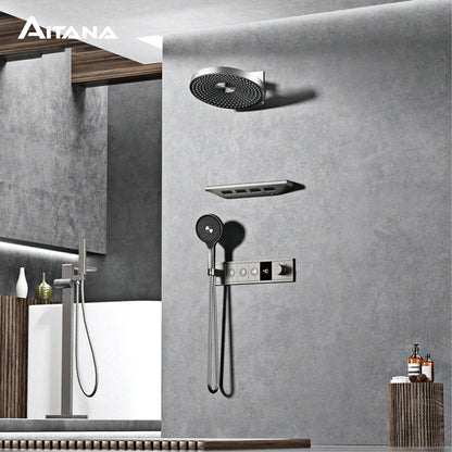 Luxury Bathroom Gunmetal Brass 3-Function LED Digital Display Shower System Wall-Embedded Rainfall Showerhead Bath Fixtures